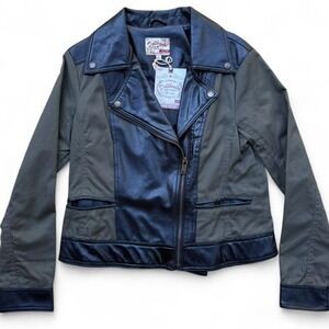 NWT‎ Dollhouse NYC Women's Mixed Media Moto Jacket Faux Leather & Cotton Large